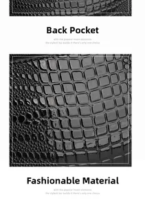 Detail of glossy black crocodile texture leather and functional back pocket of a handbag