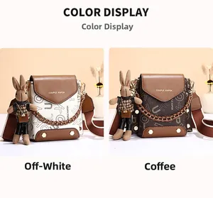 Detail of square crossbody bags in beige and coffee leather with striped shoulder straps