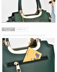 Macro shot of faux crocodile leather handbag featuring a secure rear zipper pocket detail