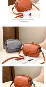 Detail of multi-layer leather crossbody bags with three zippers and contrast stitching