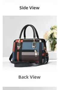 Detail der farbblockierten Karo-Handtasche mit Reißverschluss und goldenen Details