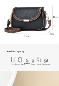 Detail view of small square bag with dimensions 21x7x14cm and leather texture overview