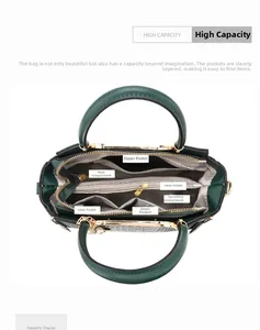 Detailed top view of dark green handbag showing multiple inner compartments and gold zipper