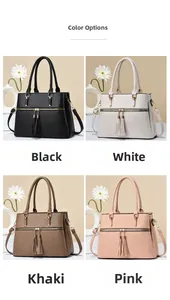 Color options of the large tassel handbag in black, white, khaki, and pink leather