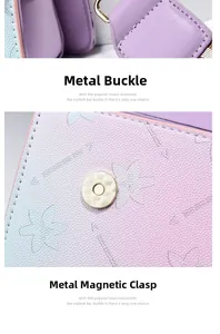 Detailed view of the golden metal buckle and magnetic clasp on the textured leather bag