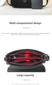 Internal view of crossbody bag showing five storage compartments and red lining detail