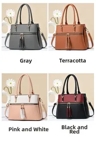 Collage of large capacity soft leather handbags in grey, yellow, pink, and black colors