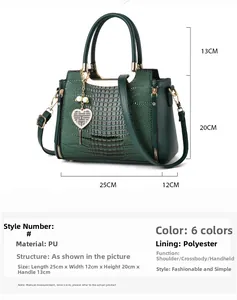 Detailed technical diagram showing the 25x12x20cm dimensions of the green PU leather bag