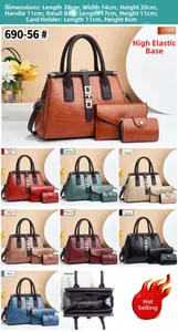 Detailed views of a 3-piece faux leather bag set showing size and multiple color options