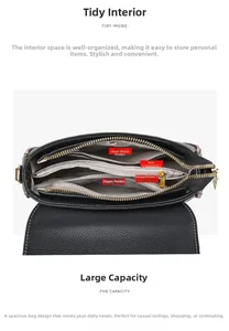 Detail view of the bag's five-compartment interior with golden zippers and leather texture