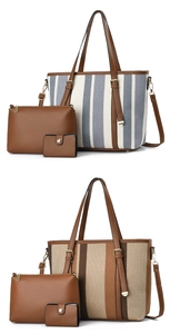 Set di tre borse tote in tela a righe con pochette e portafoglio con finiture in pelle