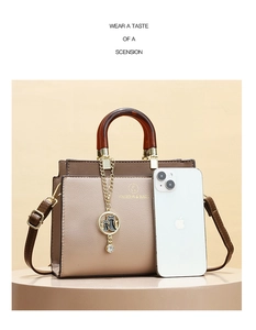 Detail of color-block leather handbag with amber-textured handle and cat charm