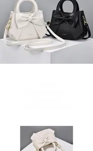 Detail of modern handbags featuring 3D bow accents and gold-tone hardware in black and white