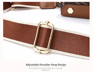 Detail showing adjustable brown and cream canvas strap with gold metal buckle hardware