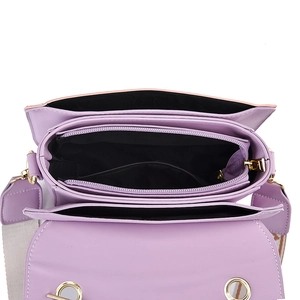 Lavender faux leather crossbody bag with multi-layer interior and jacquard strap