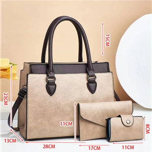 Three-piece women handbag set including tote and wallet with detailed size measurements