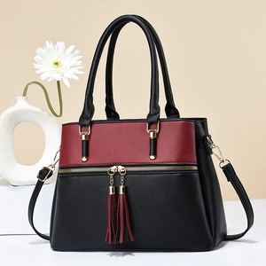 Women Large Capacity Handbag PU Lychee Leather Color Contrast Tassel Decoration Top Handle Shoulder Crossbody Bag