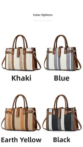 Detailed grid view showing four color options of canvas stripe tote bags with leather trim