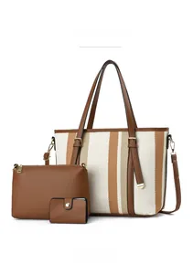 Set borse a righe da 3 pezzi con borsa tote capiente, pochette e portafoglio in finta pelle