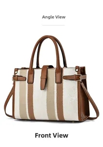 Close-up of tricolor vertical striped tote bag featuring faux leather buckle and stitching