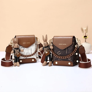 Chic monogram small crossbody bags in beige and coffee with cute rabbit charm