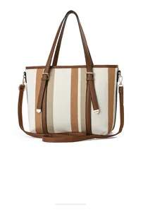 Vista posteriore borsa tote a righe con manici in pelle e tracolla rimovibile