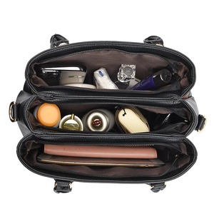 Black large capacity faux leather handbag with multi-compartment interior storage