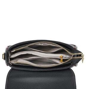 Classic black leather shoulder bag with multi-compartment interior and gold zipper