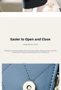 Macro detail of secure magnetic closure and quilted leather texture on blue crossbody bag