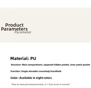 Detailed specifications chart for PU leather handbag showing internal pockets and multi-carry options