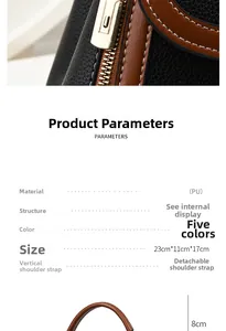 Detailed view of bicolor PU leather handbag showing litchi texture and size 23x11x17cm