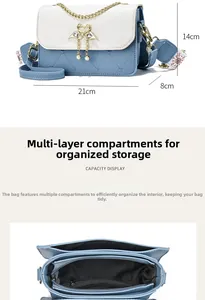 Detail of blue and white crossbody bag featuring heart quilting and wide shoulder strap