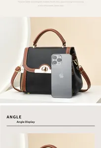Close-up of black lychee leather handbag with brown trim and golden turn-lock closure