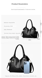 Detailed size specifications for a soft leather handbag with golden hardware