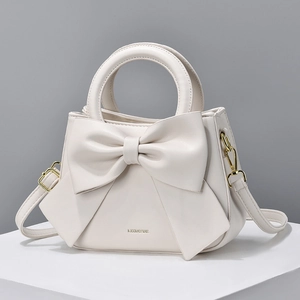 Women PU Leather Handbag Elegant Large Bow Top Handle Crossbody Bag With Detachable Shoulder Strap Gold Hardware