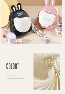 Detail of bunny-shaped small crossbody bag with heart patch and rainbow strap