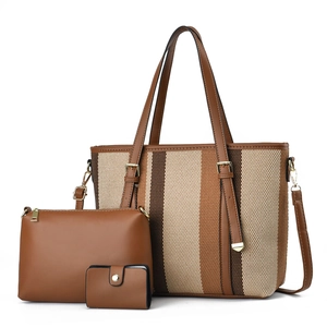 Set borse a tracolla a righe 3 pezzi con pochette e portafoglio in marrone e beige