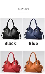 Detailed color display of soft leather tote bags in black, blue, red, and brown options