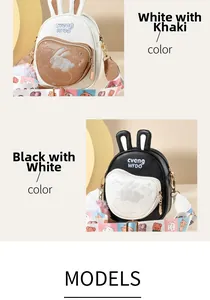 Detail of rabbit ear crossbody bags with cute embroidery and printed straps