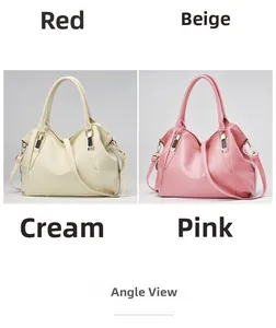 Side-by-side comparison of off-white and pink textured leather handbags with metal hardware