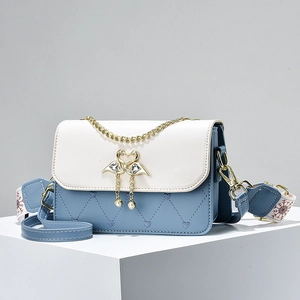 Women Crossbody Bag PU Leather Heart Quilted Contrast Color Golden Swan Buckle Artificial Pearl Decor Wide Woven Strap