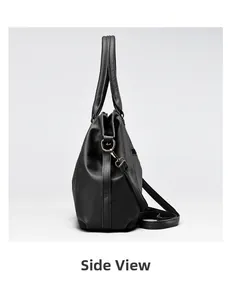Side view of black lychee grain tote bag with gold metal hooks and trapezoid shape