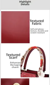 Close-up of red wedding handbag featuring lychee grain leather and silk scarf handle