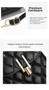 Detail of gold-tone turn-lock buckle and adjustable strap on black quilted handbag