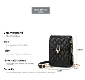 Detailed view of black quilted crossbody bag with gold chain strap and size specs