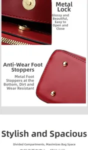 Detailed views of gold hardware buckle, bottom studs, and internal compartments of red handbag
