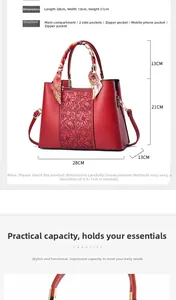 Detaillierte Größentabelle für rote bestickte Handtasche 28x13x21 cm mit Innenfächern