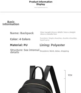 Spécifications de taille détaillées et guide matière en similicuir pour mini sac à dos