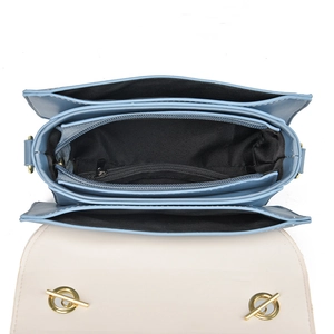 Light blue crossbody bag featuring multiple internal compartments and gold metal buckles