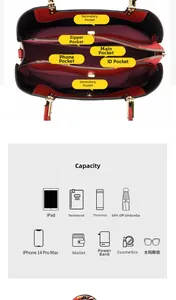 Innenaufteilung und Kapazität einer großen bestickten Handtasche mit Fächern